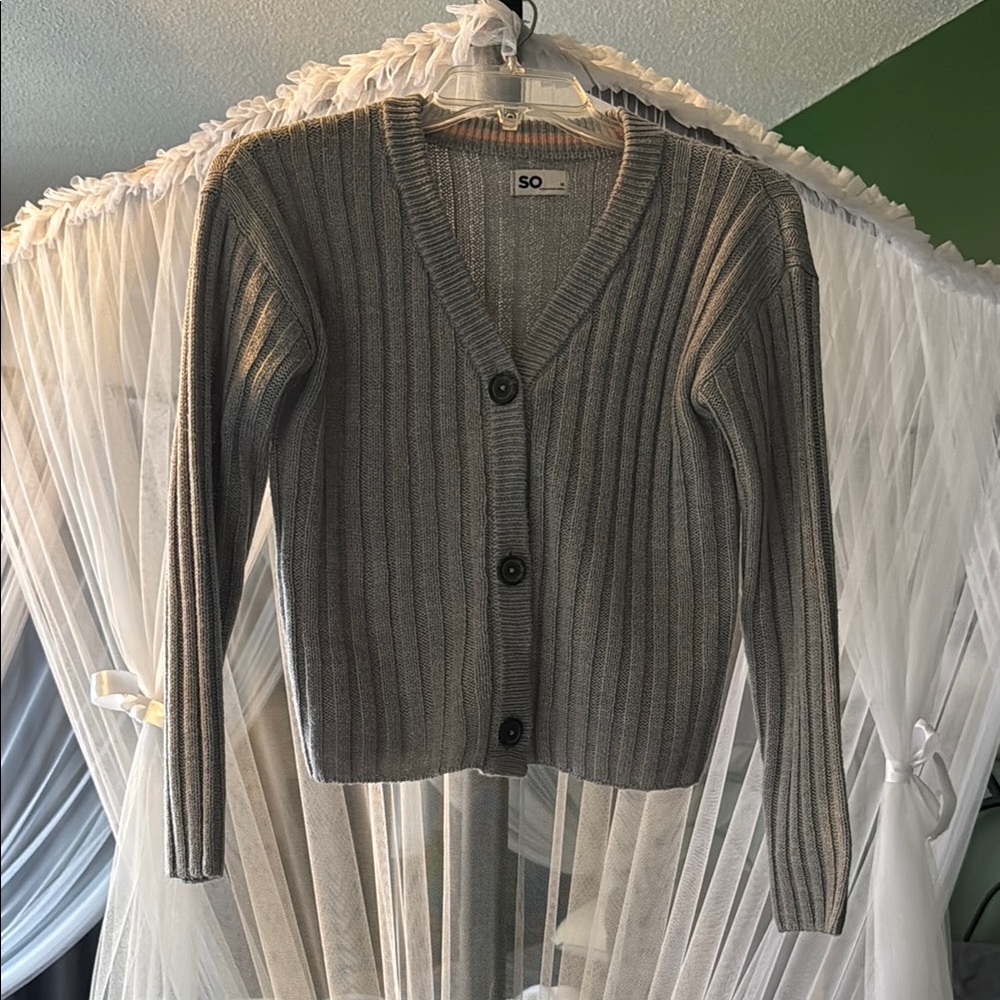 SO Women's Gray Ribbed Cardigan Sweater